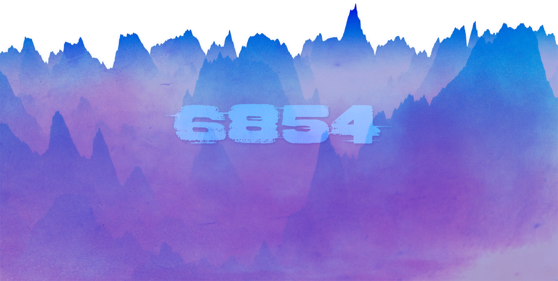 6854 was created during a 24-hour creative writing challenge. The cover art features a misty, noisy, generative rocky mountainous landscape in an ethereal purple and blue colour palette. The project title is showcased in the centre of the frame in distorted bold light-blue typography.